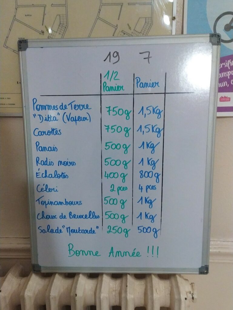 une liste de légumes et leurs poids sur un tableau